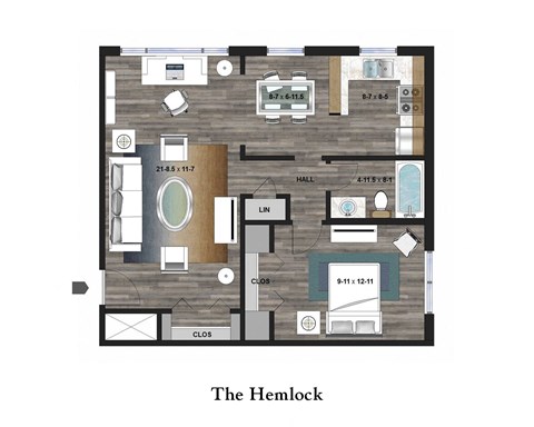 Floor plan for 1 bed, 1 bath, 640 sqft